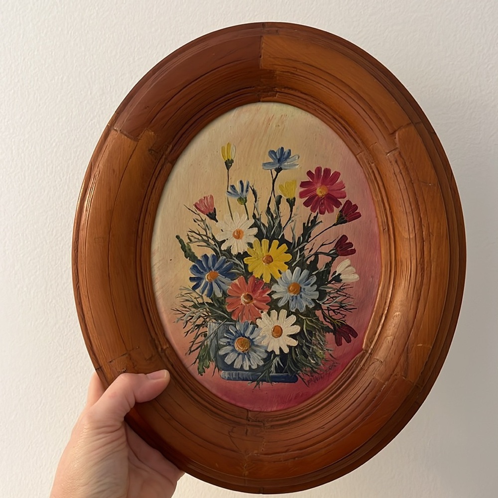 Vintage Oval Wooden Framed Floral Still Life Artist Signed - Picture 8 of 11
